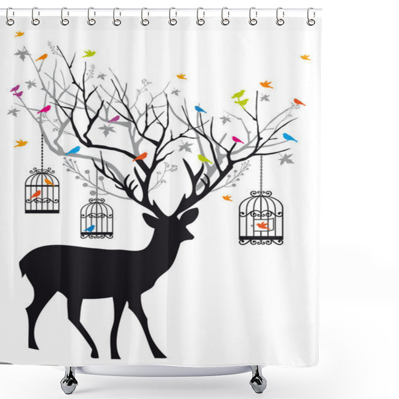 Personality  Deer With Birds And Birdcages, Vector Shower Curtains