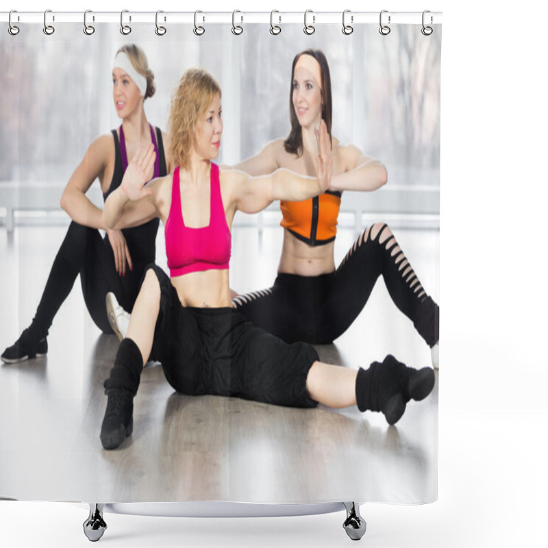 Personality  Group Of Three Females Doing Dynamic Fitness Exercises In Class Shower Curtains