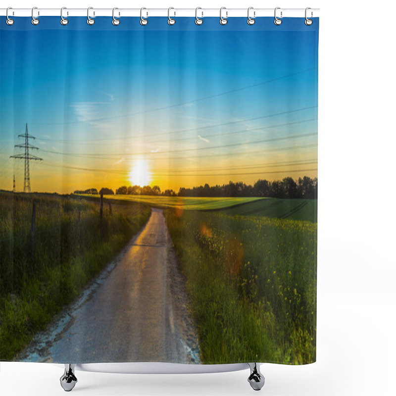 Personality  Lane Sunset Rape Power Line Pylon Dusk Farm Landscape Summer Wheat Field Shower Curtains