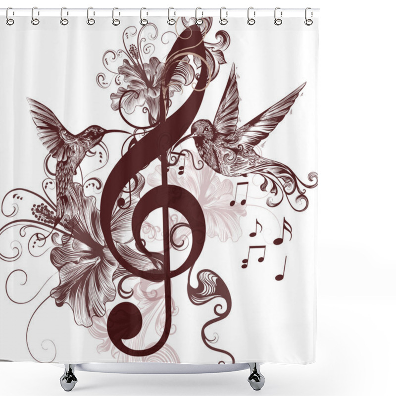 Personality  Music Background With Treble Clef And Hummingbirds For Design Shower Curtains