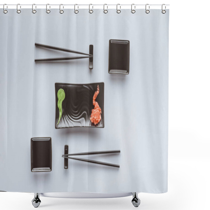 Personality  Top View Of Chopsticks And Wasabi With Ginger For Eating Sushi Isolated On White Shower Curtains