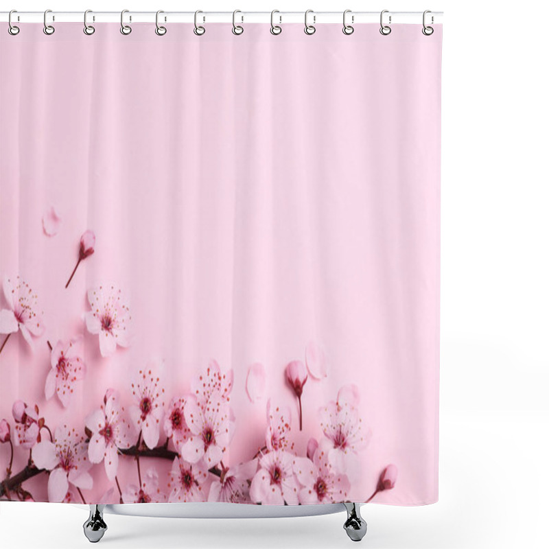 Personality  Blossoming Spring Tree Branch As Border On Pink Background, Flat Lay. Space For Text Shower Curtains