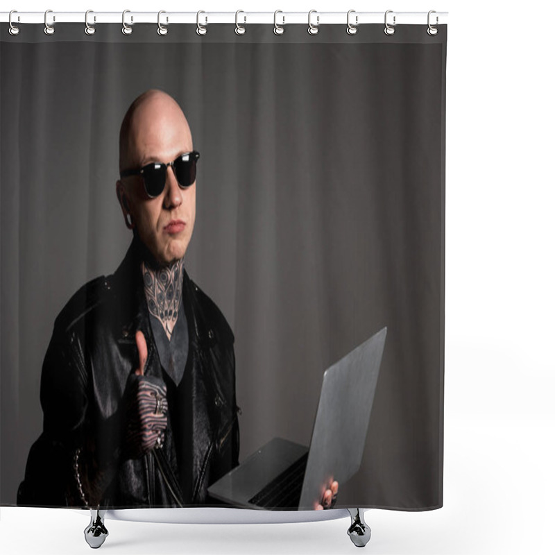 Personality  Serious Tattooed Man In Leather Jacket And Sunglasses Holding Laptop And Showing Thumb Up Isolated On Grey Shower Curtains