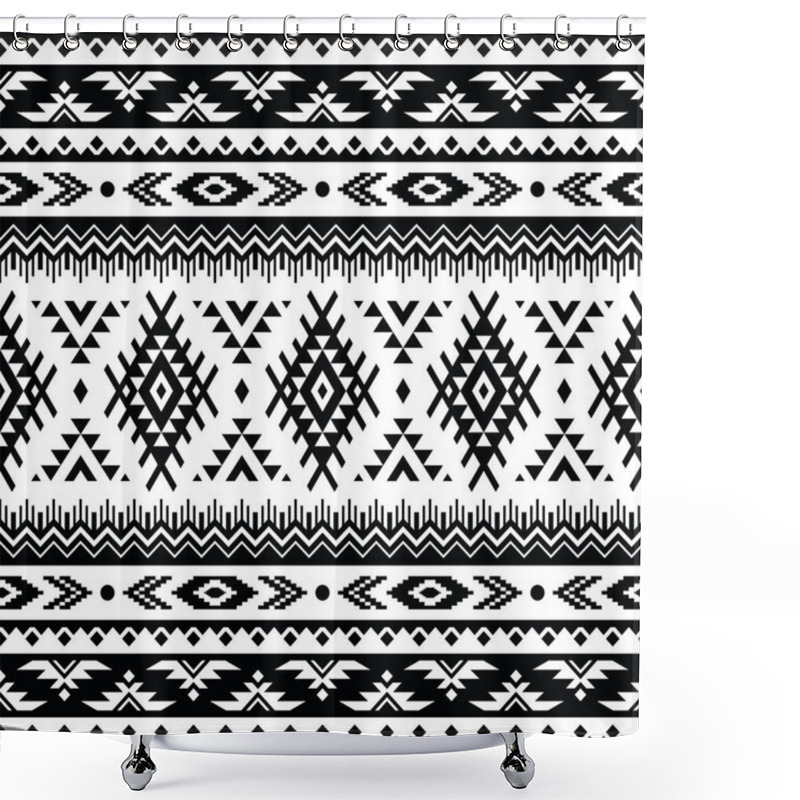 Personality  Geometric Abstract Shapes Of Tribal. Seamless Ethnic Pattern. Textile Print Traditional Design In Aztec And Navajo Style. Black And White Colors. Design For Textile, Fabric, Curtain, Rug, Ornament. Shower Curtains