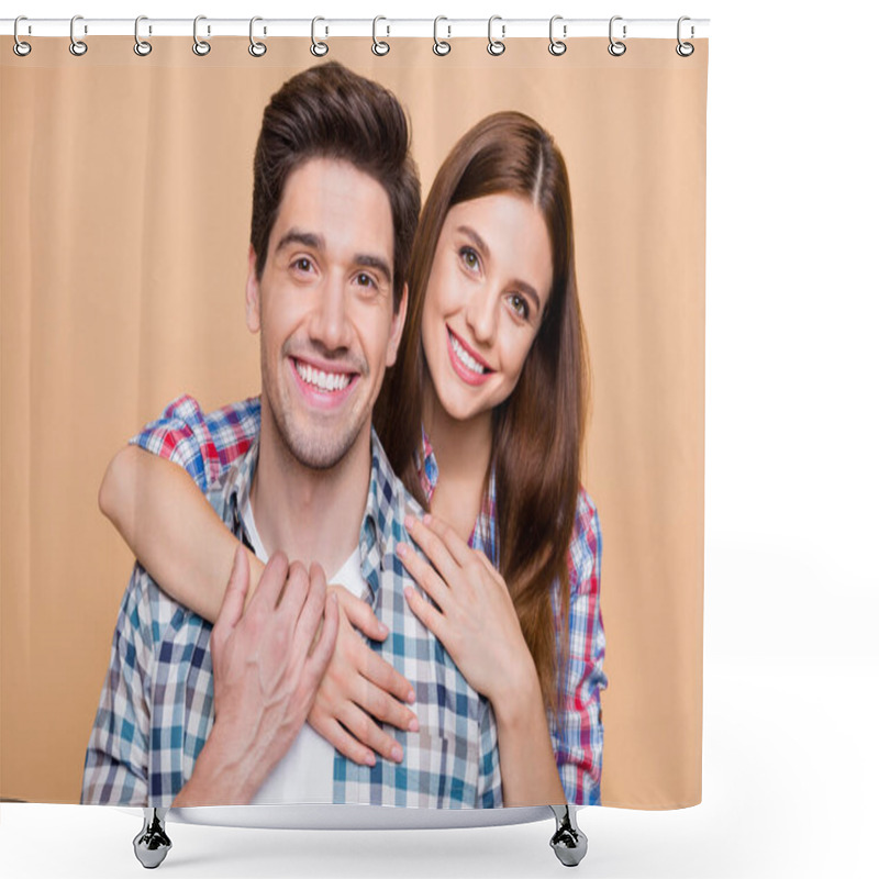 Personality  Close Up Photo Of Cheerful Positive Cute Couple Of Two White People Smiling Toothily Loving Each Other Affectionately Admiring Company Isolated Over Beige Pastel Color Background Shower Curtains