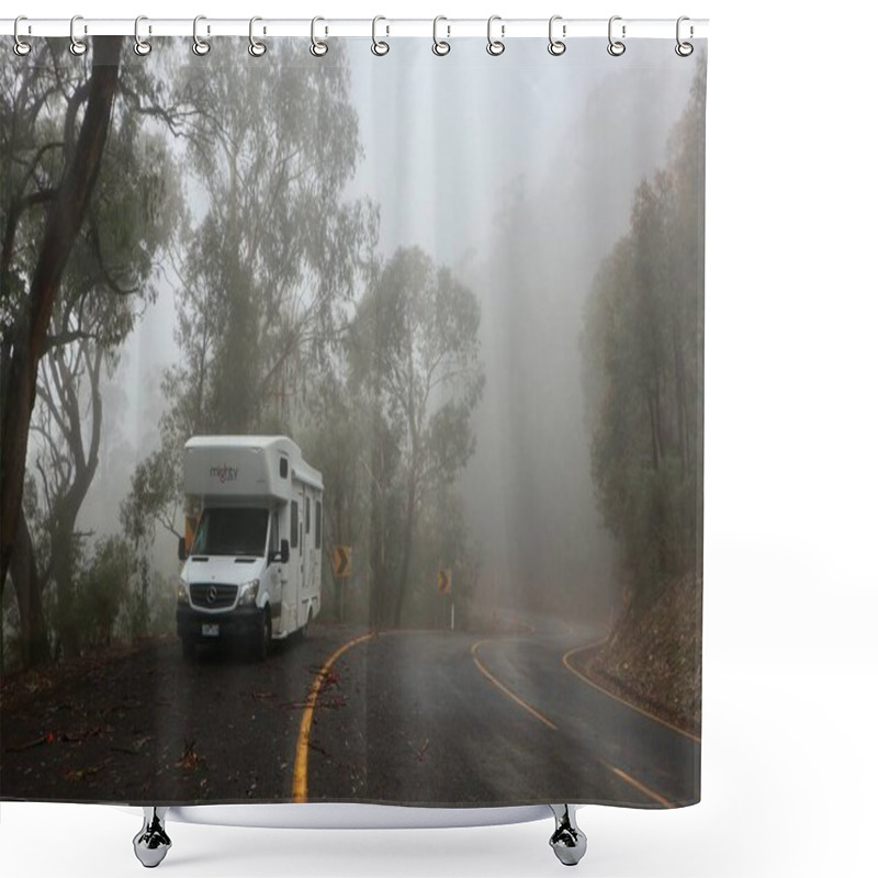 Personality  The Photo Captures A White Campervan Parked On A Winding Road Surrounded By Dense Trees. Both The Road And The Surrounding Trees Are Enveloped In A Thick Fog, Creating A Mystical Atmosphere. This Image Can Be Interpreted As A Symbol The Unknown.     Shower Curtains