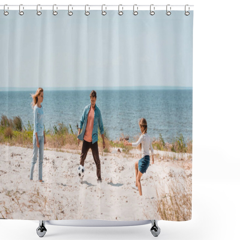 Personality  Selective Focus Of Family Playing Football On Beach  Shower Curtains