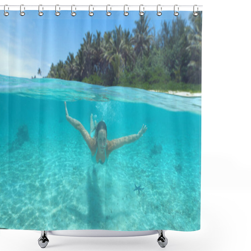 Personality  HALF UNDERWATER, CLOSE UP: Happy Young Woman Diving In The Breathtaking Turquoise Water On A Perfect Summer Day On Remote Tropical Island. Caucasian Girl Swimming In The Calm And Refreshing Ocean. Shower Curtains