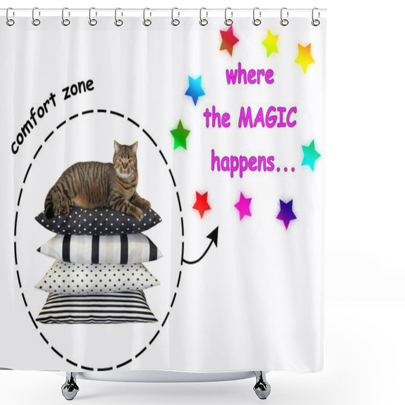 Personality  The Cat Lies On Pile Of Pillows In The Comfort Zone. Where The Magic Happens. White Background. Shower Curtains