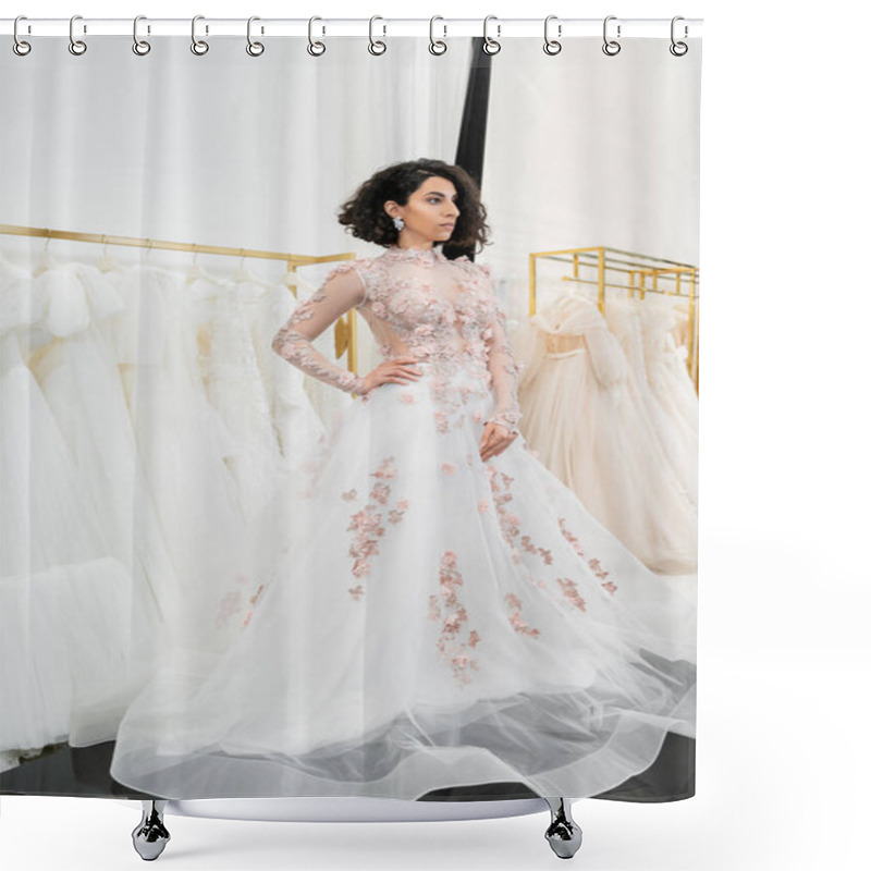 Personality  Brunette And Middle Eastern Woman With Wavy Hair Trying On Gorgeous And Floral Wedding Dress With Train Inside Of Luxurious Bridal Salon, Shopping, Bride-to-be,  Blurred White Gown, Hand On Hip Shower Curtains