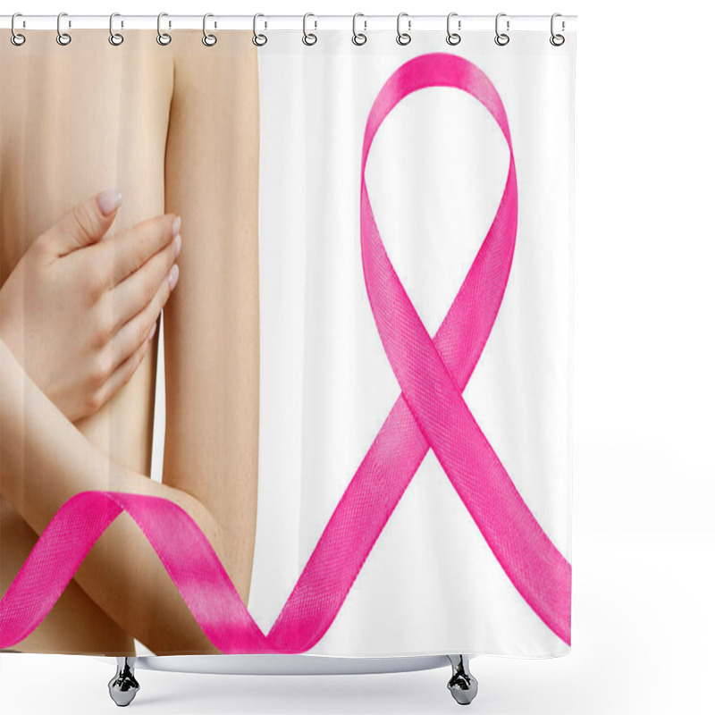 Personality  Young Woman Covers Her Breast Near Big Pink Ribbon. Shower Curtains