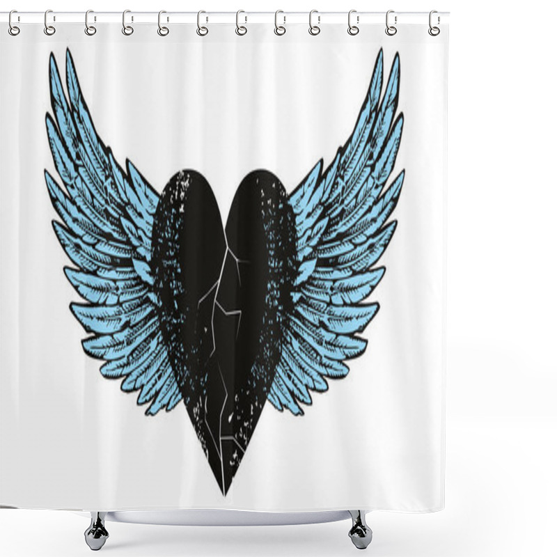 Personality  Vector Design For T-shirt Of A  Black Heart With Wings Isolated On White. Illustration Of A Broken Heart Flying. Shower Curtains