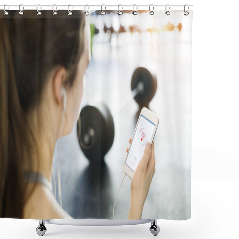 Personality  Young Fitness Girl Checking Her Performance On Smatphone After Hard Workout In A Gym. Shower Curtains