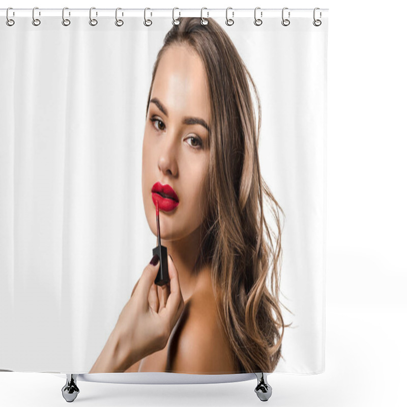 Personality  Cropped View Of Woman Making Up Lips Of Beautiful Girl Isolated On White Shower Curtains