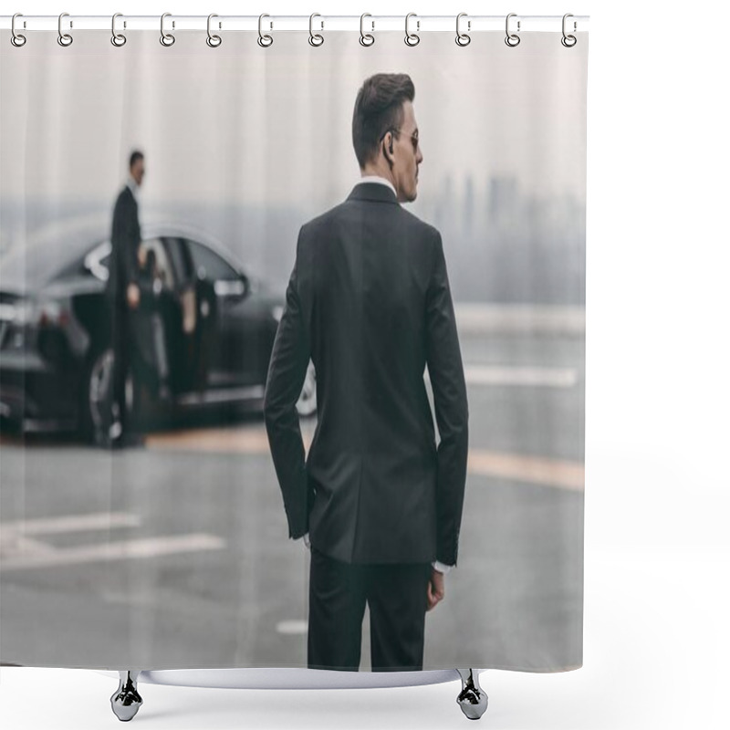 Personality  Rear View Of Bodyguard In Suit And Sunglasses Shower Curtains