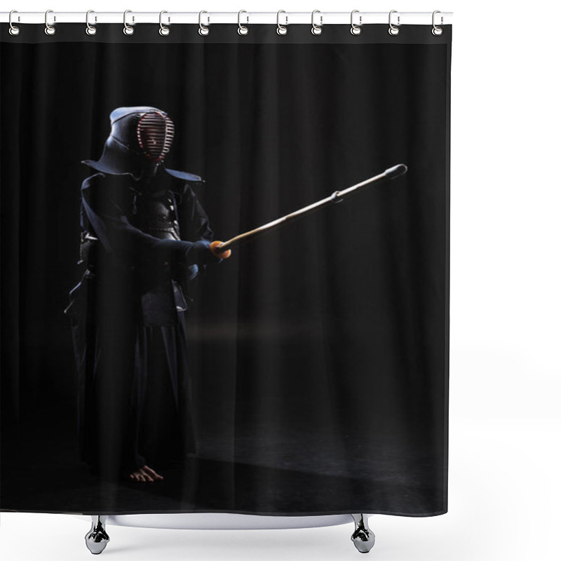 Personality  Full Length View Of Kendo Fighter In Armor Practicing With Bamboo Sword On Black Shower Curtains