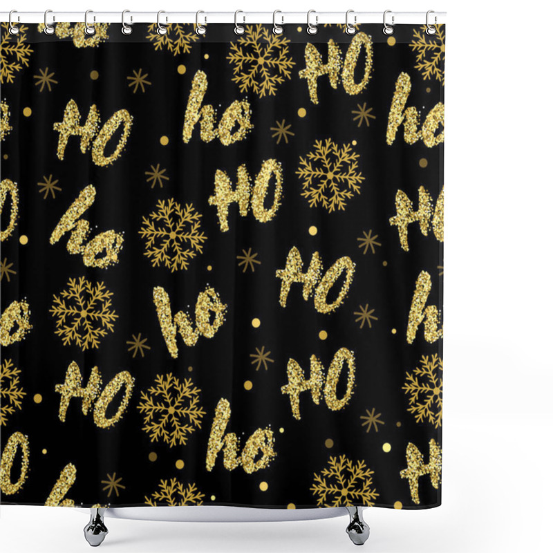 Personality  Ho Ho Ho. Hand Drawn Lettering In Golden Style Isolated On Black Seamless Background. Shower Curtains