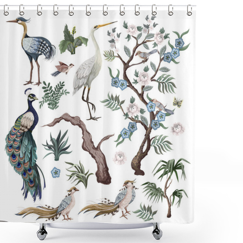 Personality  Herons, Peacock, Peonies And Bird In Chinoiserie Style Isolated. Vector. Shower Curtains