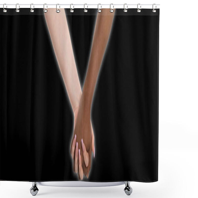 Personality  Two Hands In A Heartfelt Embrace And A Glow Shining Around Them. Handshake. Two Women Holding Hands. Two Hands Of Different Races In A Loving Embrace. African And European. Panoramic Frame. Shower Curtains