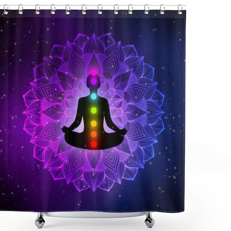 Personality  Silhouette Meditation Man With Seven Chakras On Purple Artistic Mandala In The Universe With Gas Clouds And Stars Field. Shower Curtains