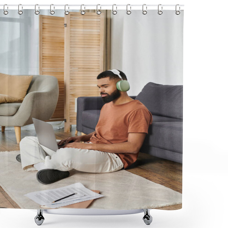 Personality  Man Enjoying Productivity While Seated On The Floor With His Laptop And Headphones. Shower Curtains