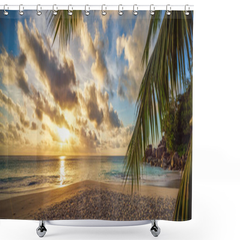 Personality  Golden Sunset Through A Palm Leaf On Paradise Beach On The Seychelles Shower Curtains