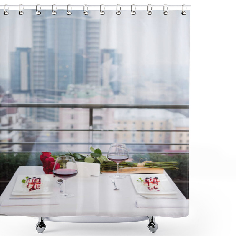 Personality  Close Up View Of Served Table For Romantic Date In Restaurant Shower Curtains