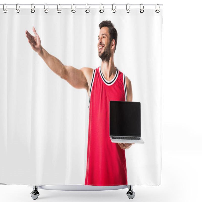 Personality  Basketball Player In Uniform With Laptop And Outstretched Hand Isolated On White  Shower Curtains