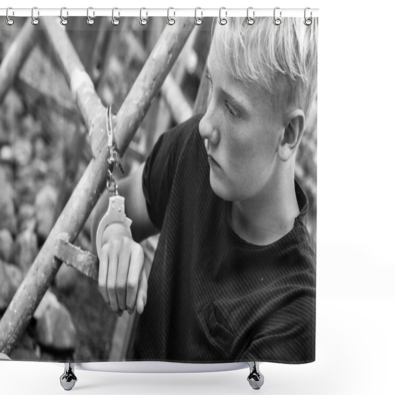 Personality  Remorseful Young Boy Handcuffed To A Metal Bar Shower Curtains