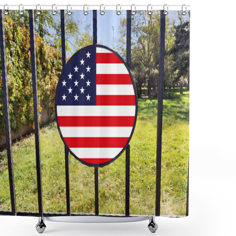 Personality  U.S. Flag Emblem Mounted On Metal Fencing, Framing A Lush Green Garden In Ukurambar, Ankara. A Symbol Of American Diplomacy In The Heart Of Turkey's Capital City. Shower Curtains