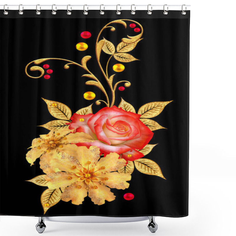 Personality  Decorative Ornament, Paisley Element, Delicate Textured Leaves Made Of Fine Lace And Pearls. Jeweled Shiny Curls, Red Roses, Stylish Yellow Flowers. Openwork Weaving Delicate. Shower Curtains