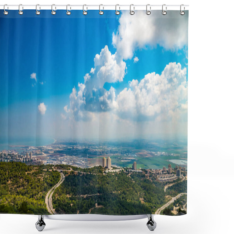 Personality  Panoramic View Of The Bay Of Haifa, With Downtown Haifa, The Harbor, The Industrial Zone In A Sunny Summer Day. Viewed From Haifa University. Haifa, Northern Israel Shower Curtains