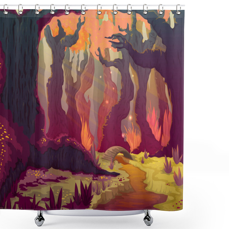 Personality  Autumn Forest Landscape With Trees, River And Bridge. Cartoon Fairytale Scenery Background. Vector Illustration. Shower Curtains