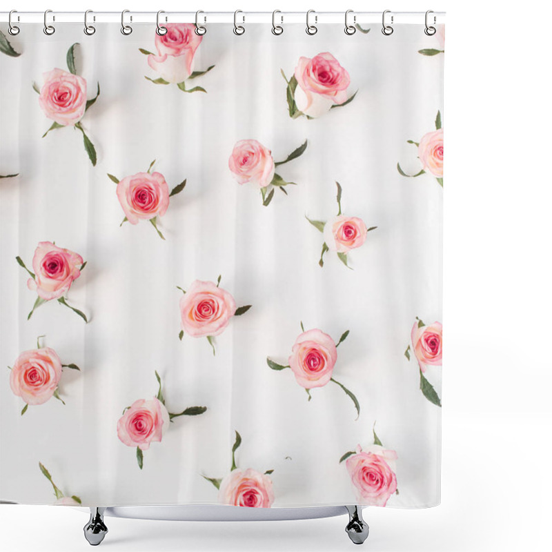 Personality  Flat Lay Pink Rose Flower Buds And Leaves Pattern On White Background. Top View Floral Texture. Shower Curtains