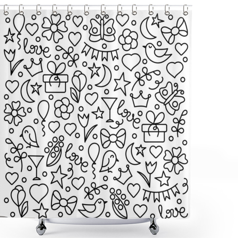 Personality  Doodle Hand Drawn Background. Love Words, Hearts, Flowers, Abstract Elements. Monochrome Vector Illustration. Shower Curtains