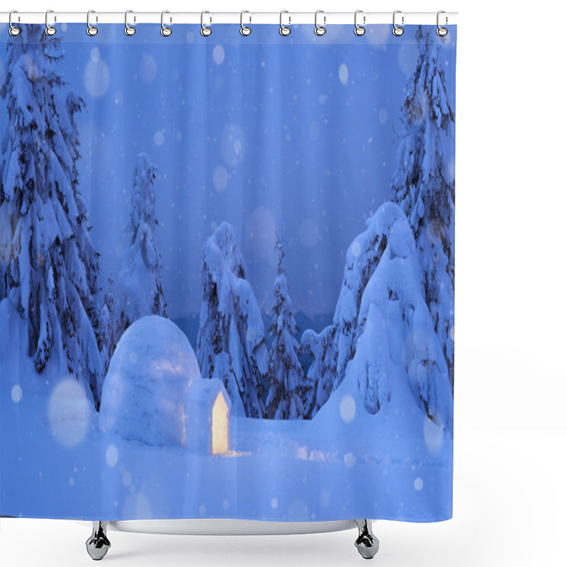 Personality  Dreamy Winter Scene With An Igloo Snow. Night View With Snowy Fir Trees And Snowdrift. Snowfall In A Mountain Forest Shower Curtains