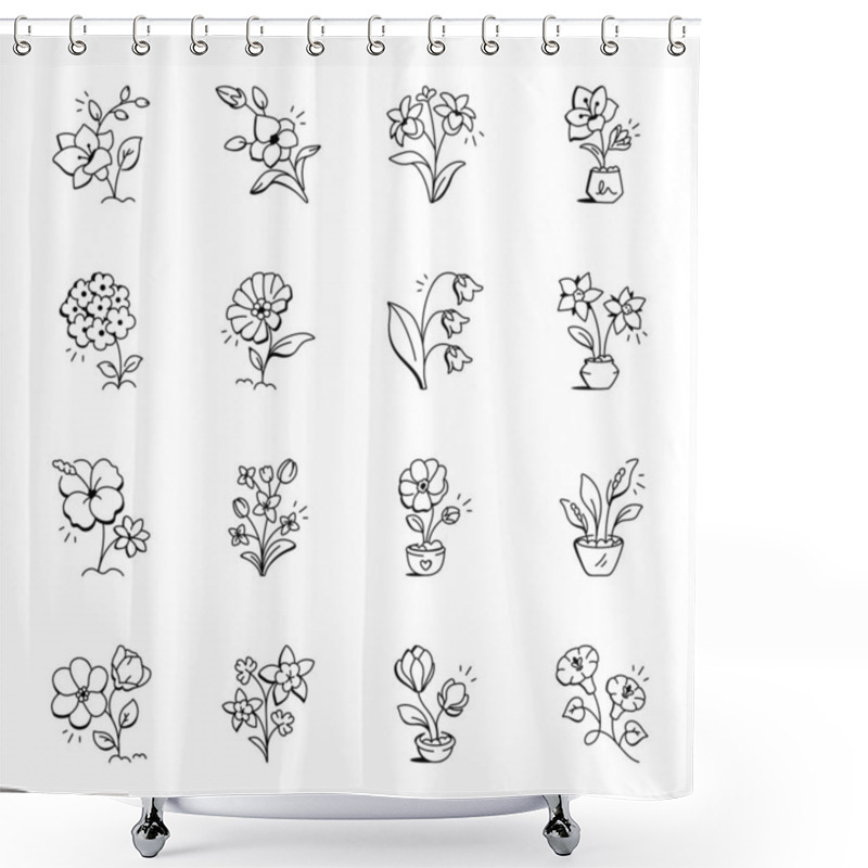 Personality  Set Of Blooming Flowers Doodle Icons  Shower Curtains