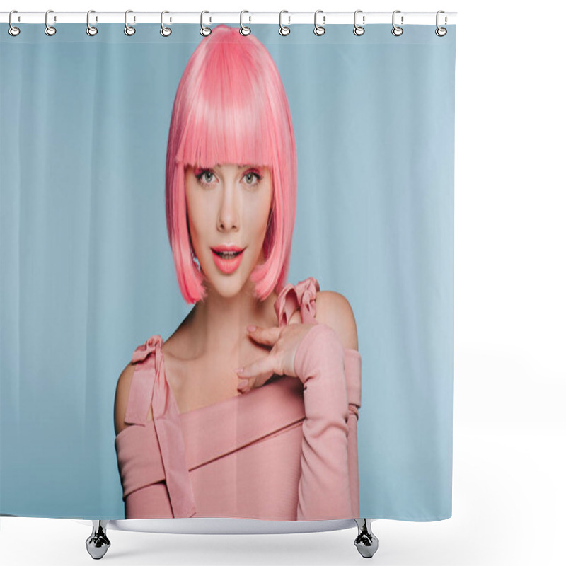 Personality  Stylish Girl Gesturing And Posing In Pink Wig Isolated On Blue Shower Curtains