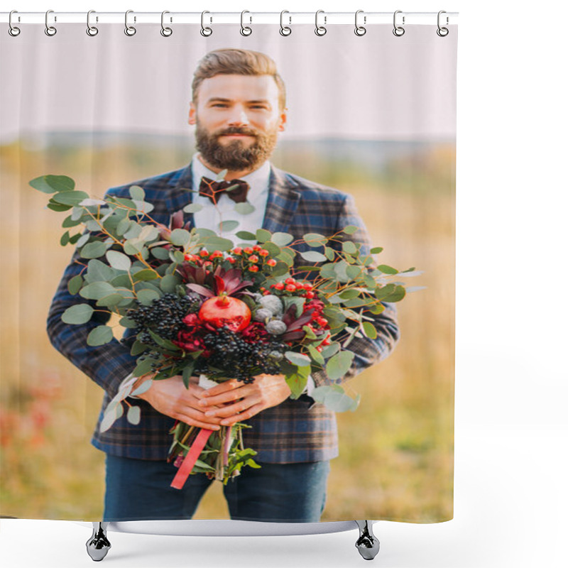 Personality  Bearded Groom With Bouquet Of Fruits On The Field Shower Curtains