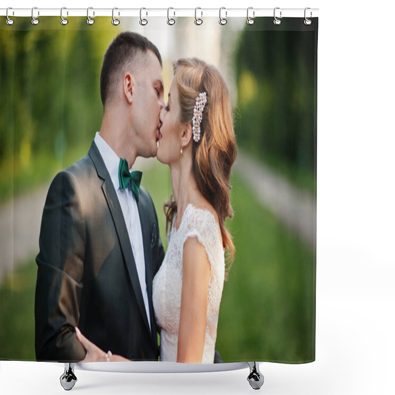 Personality  Lovely Wedding Couple Kissing On The Green Alley Which Leads To  Shower Curtains