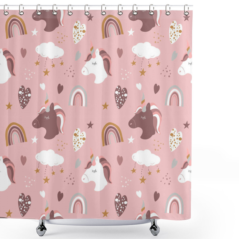 Personality   Cute Seamless Pattern With Unicorns And Rainbows On Pink Background Shower Curtains