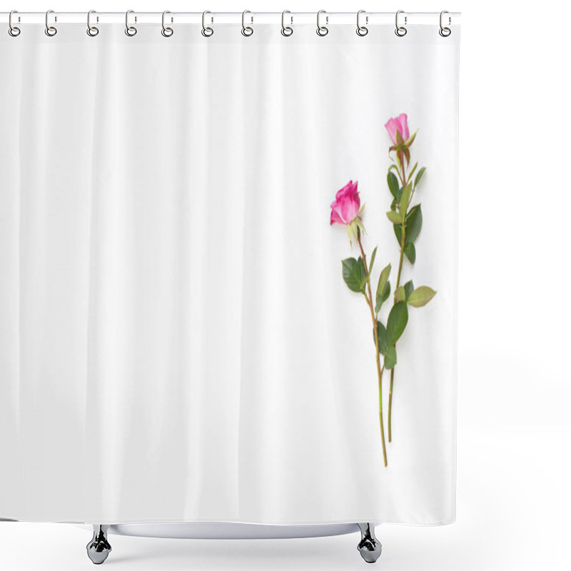 Personality  Flowers Composition. Frame Made Of Red Rose On White Wooden Back Shower Curtains