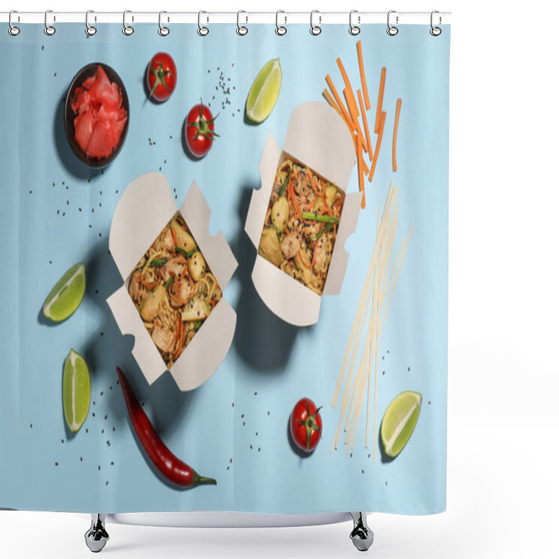 Personality  Flat Lay Composition With Noodle Wok And Ingredients On Light Blue Background Shower Curtains