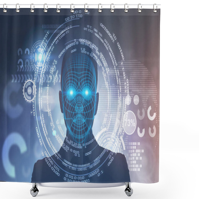 Personality  Face Of An Unrecognizable Man With Polygons On It. HUD Against A Blurred Background. Toned Image Double Exposure Elements Of This Image Furnished By NASA Shower Curtains