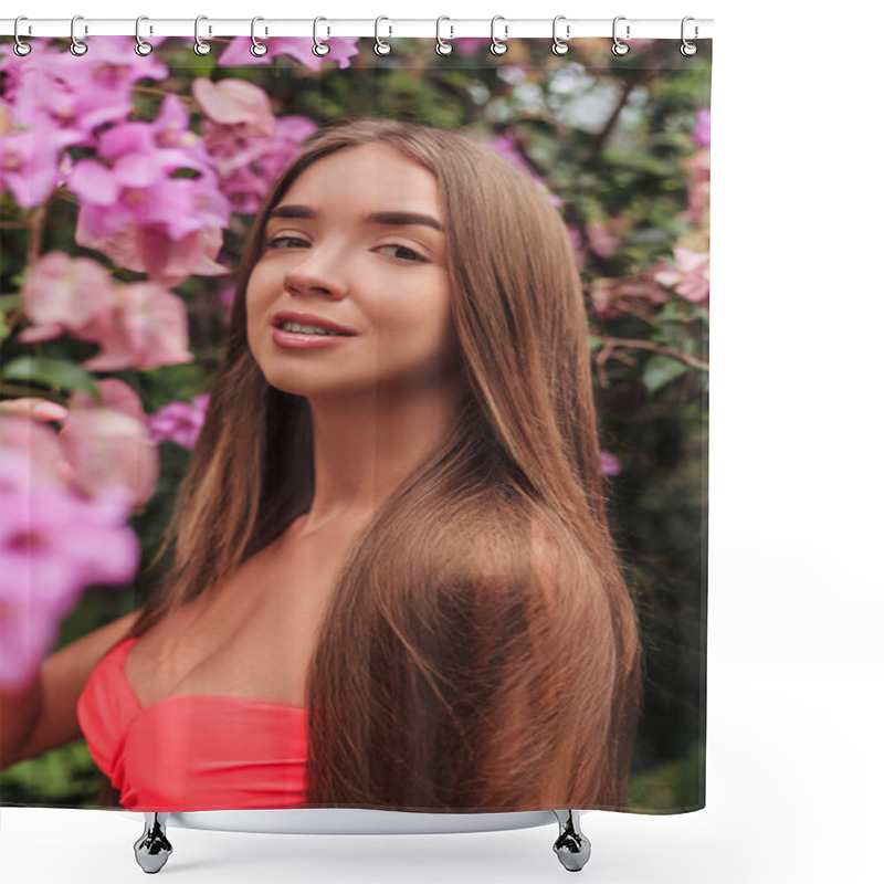 Personality  Portrait Of Beautiful Young Girl Posing At Pink Flowers Shower Curtains