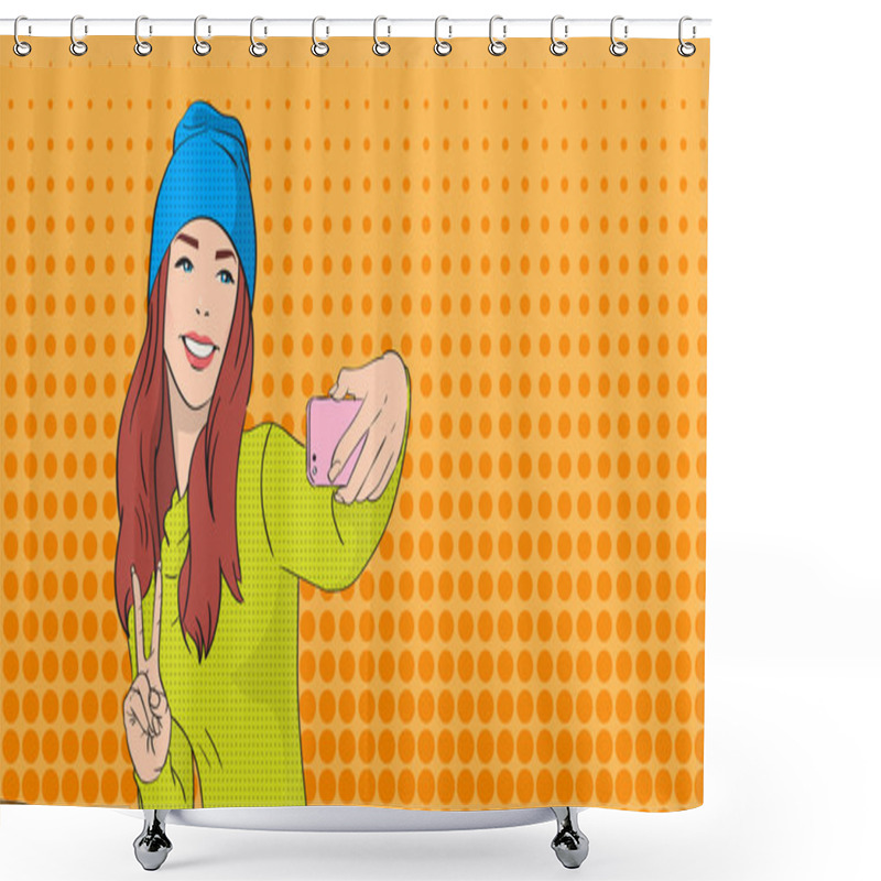 Personality  Woman In Hat Girl Taking Selfie Photo On Smart Phone Peace Gesture Pop Art Retro Style Shower Curtains