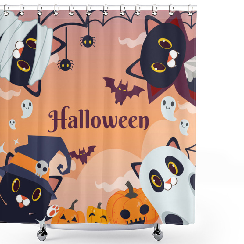 Personality  The Halloween Party For Friend Group Of Black Cat Wear Fantasy Costume. The Black Cat As Witch And Big Hat With Skull. And As White Ghost And As Vampire.The Cat As Mummy. In Flat Vector Style Shower Curtains