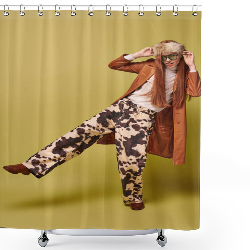 Personality  A Young Man With Long Red Hair Joyfully Poses In A Vibrant Outfit Against A Bold Backdrop. Shower Curtains