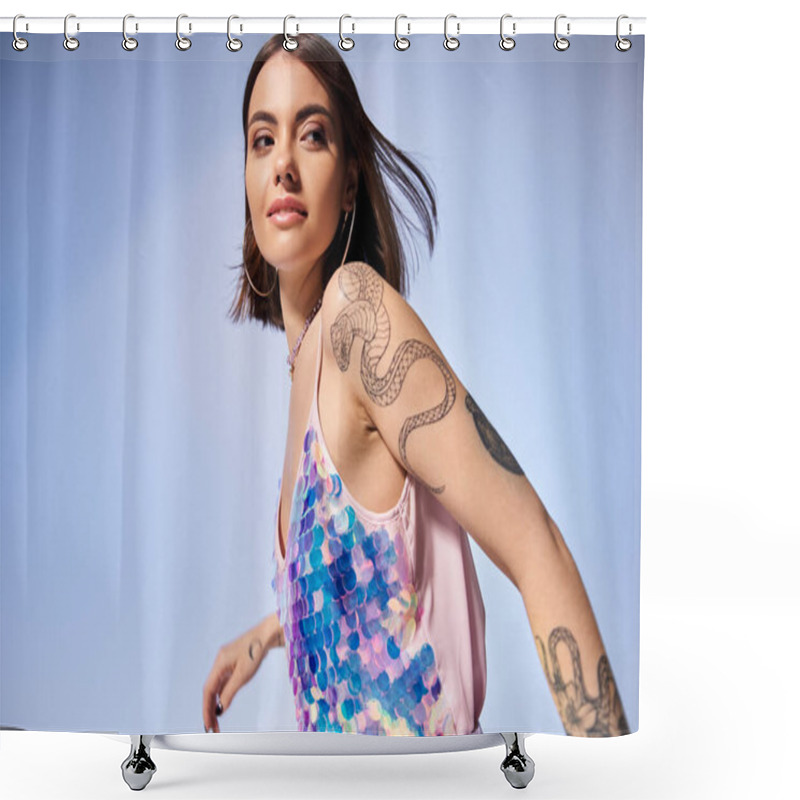 Personality  A Young Brunette Woman Showcasing A Tattoo On Her Arm In A Stylish Studio Setting. Shower Curtains