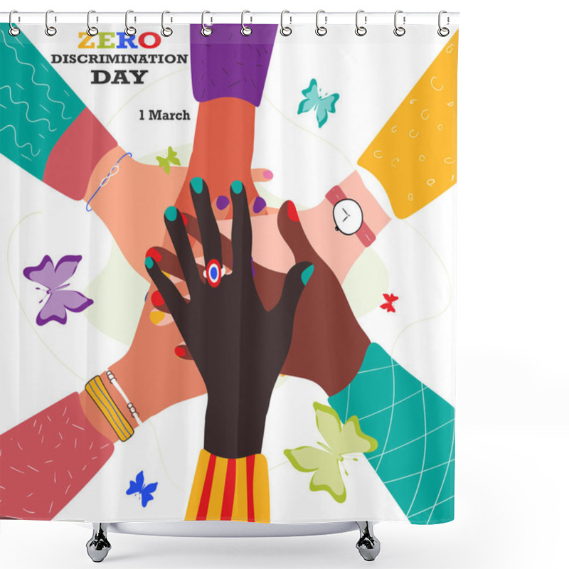 Personality  Zero Discrimination Day 1 March. Hands Of Diverse Group Of People Putting Together And Different Colors Of Butterflies. Vector Stock Illustration Isolated On White Background. Shower Curtains